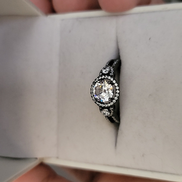 Jewelry - White Sapphire 3 Stone Ring, 925 Silver, Black, Size 8